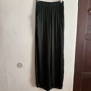 BY THE SUN | Dark Green Satin Wide Leg Pull on Pants | Size Large Tall 26 inseam